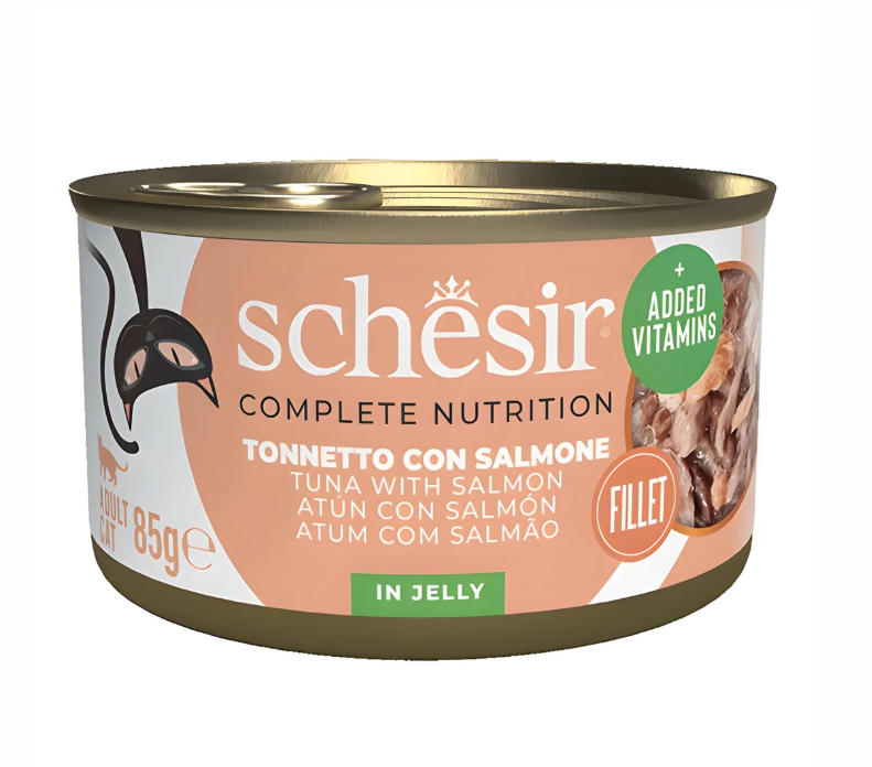 Schesir Jöle İçinde Ton Balıklı ve Somonlu Kedi Konserve Maması 85gr 12 Adet Skt:02/28