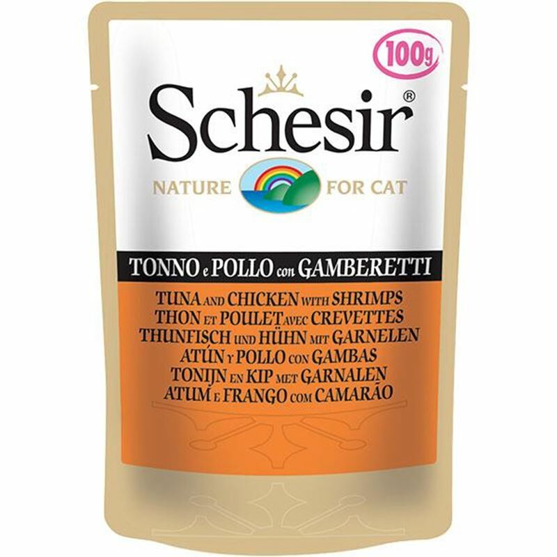 Schesir Pouch Ton Balıklı Tavuklu Ve Karidesli Yetişkin Kedi Konservesi 100 Gr 20 adet skt:10/24