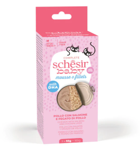 Schesir Baby Cat Somonlu Tavuk ve Ciğer Köpüğü 3x55 Gr 12 Adet Skt:09/26