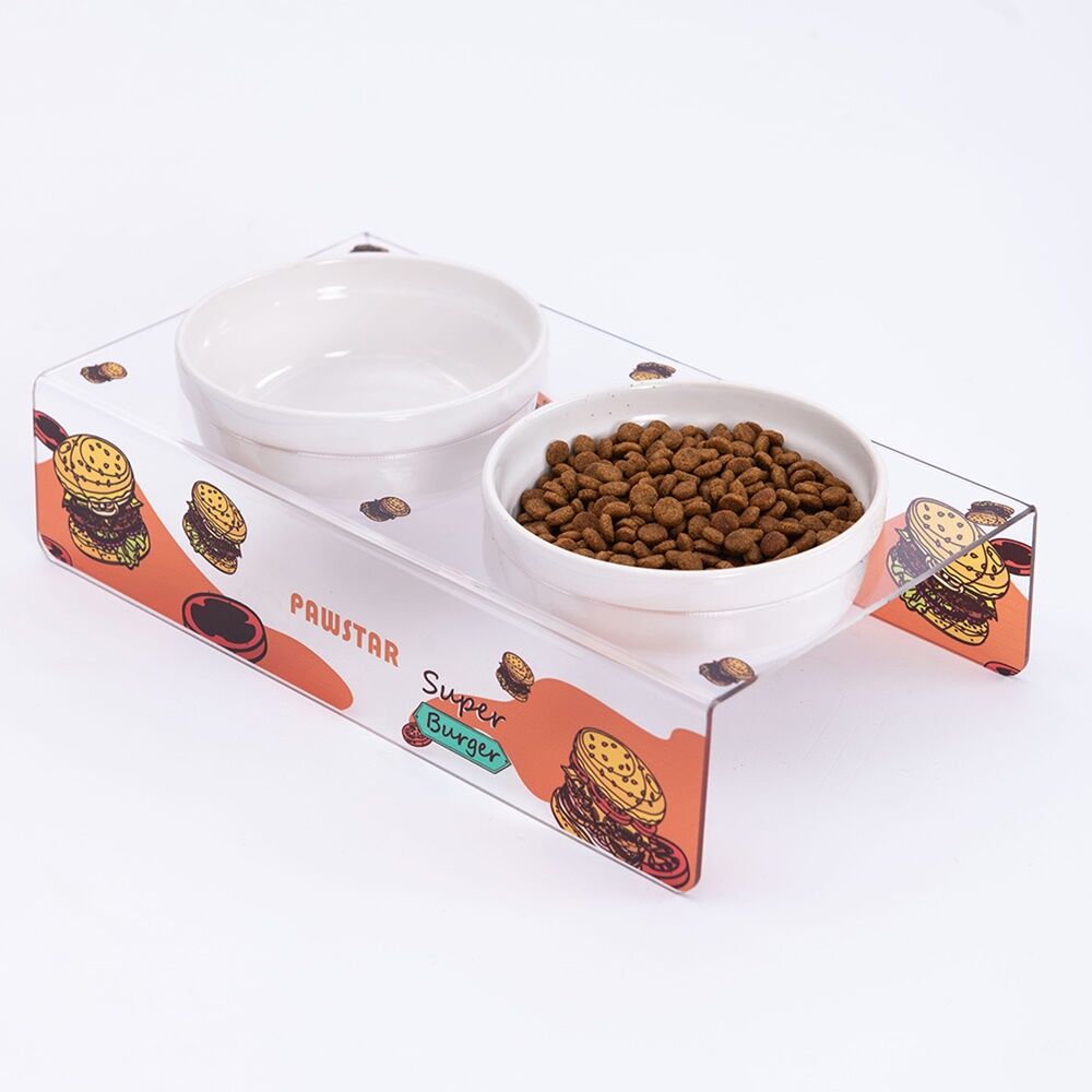 PMK020 Super Burger-İkili Seramik-Pleksi Mama ve Su Kabı