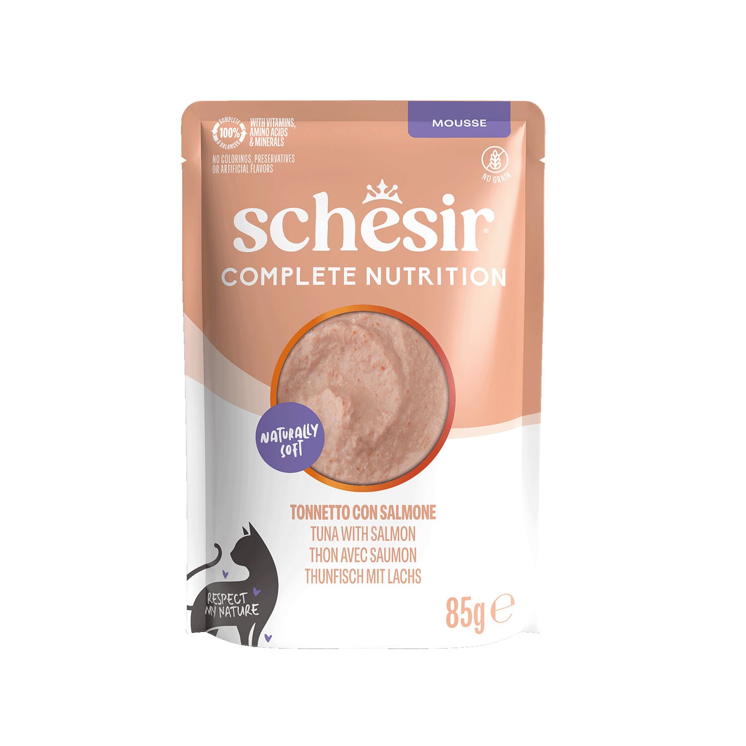 Schesir Tam ve Dengeli Ton Balıklı ve Somonlu Mus Kedi Pouch 85 g 12 li skt:02/28