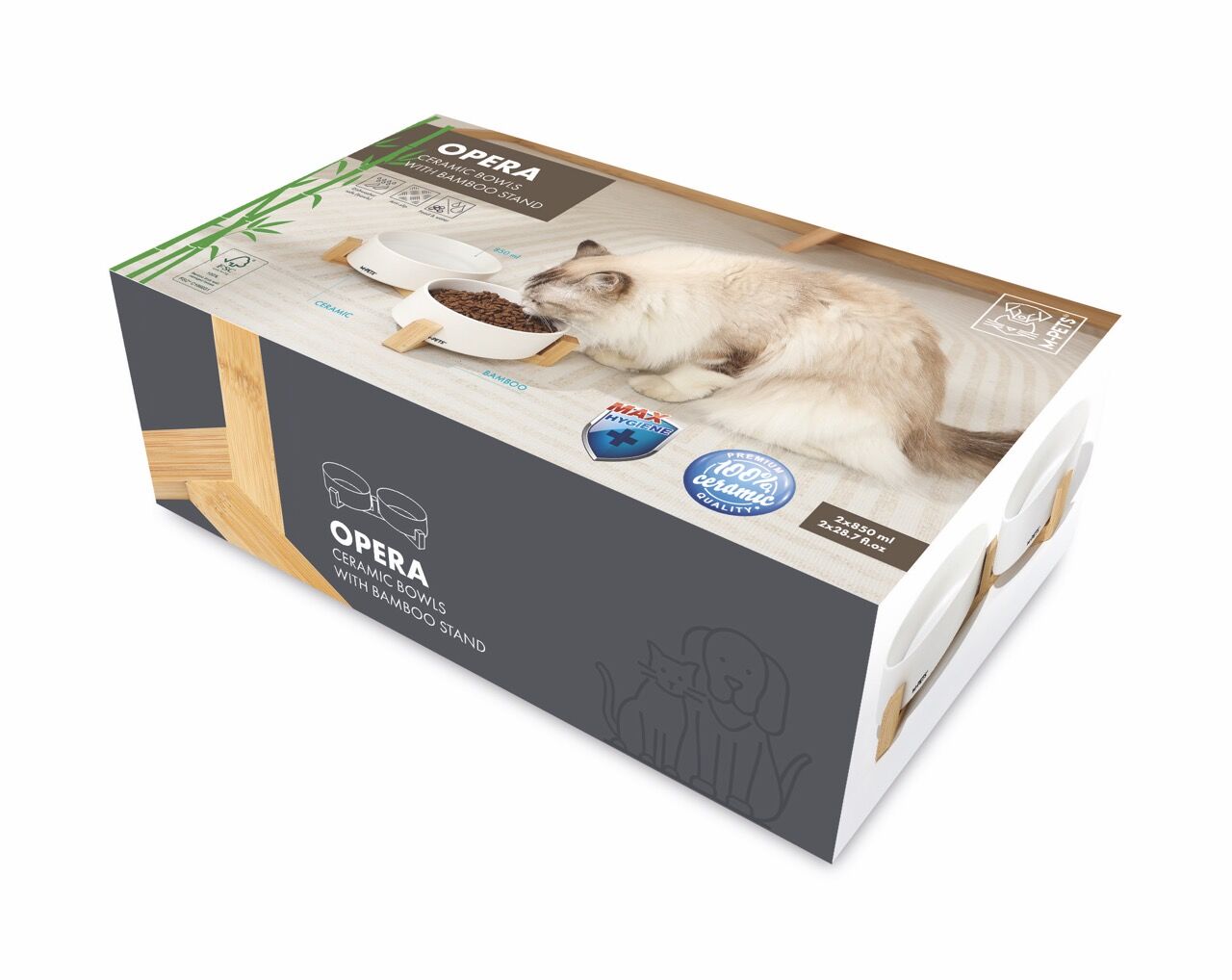 10553799 M-Pets Opera Seramik Mama Kabı Bamboo Standlı 2X850Ml White