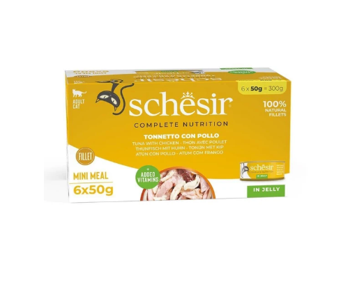 Schesir Tam ve Dengeli Ton Balığı ile Tavuklu Jöle İçinde Kedi Konservesi Multipack 6x50g skt:03/28