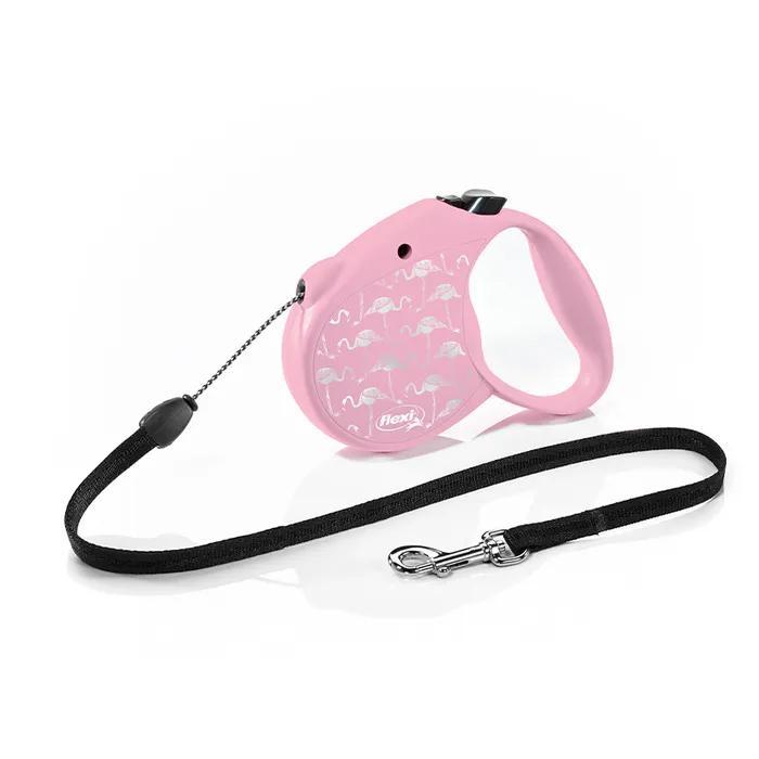 Flexi Flamingo Pembe İp Otomatik Köpek Tasması 5 Mt Medium